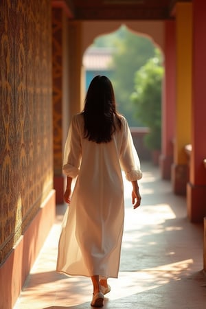 A serene daytime scene of a woman in a long-sleeved white blouse walking down a corridor with batik-patterned walls. The bright sunlight filters through, casting soft shadows and highlighting the intricate batik designs. The composition frames her in mid-step, with the vibrant walls and distant light adding depth. The 8K ultra-high detailed image captures the texture of the blouse and the detailed patterns on the walls.