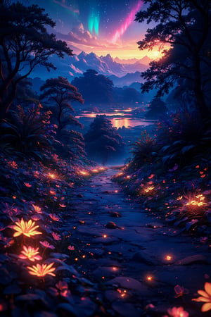 Capture the whimsical essence of a fantasy world at dusk, where the blight air is alive with cozy warmth. In a Ghibli-inspired photography style, frame a serene road winding through a lush landscape of intricately detailed, glowing bioluminescent plants. As the sun sets, aurora lights dance across the horizon, casting a kaleidoscope of colors on the ground. Glass stars scatter across the scene, adding a touch of magic to the atmosphere. The camera's gaze is angled dynamically, showcasing the textured beauty of the environment. In the foreground, a subtle depth of field highlights the delicate details of the glowing plants, as if they're radiating an otherworldly energy.