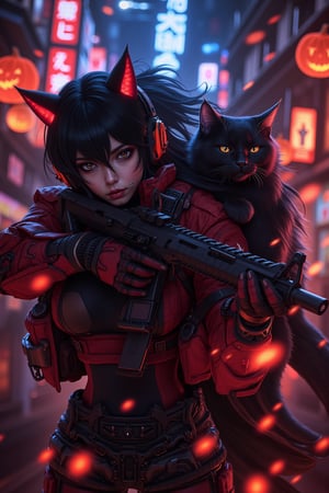 A cyberpunk anime 8K image featuring a stunning black cat and a Japanese woman wearing red and black sci-fi power armor, headphones, and dark eyeshadow. She holds an assault rifle on a cyberpunk street at night, surrounded by neon signs and advertising, with bokeh effects in the background. The side lighting highlights their futuristic attire and intense expressions. The scene is rendered in a CT-PHYSM style, with a pumpkin-themed element subtly integrated into the background.