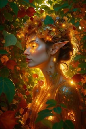 Whispering secrets beneath the vibrant canopy of entwined green, crimson, amber, and tangerine autumn leaves, Forrest's enchanting elf girl poses amidst nature's kaleidoscope, her ethereal features aglow with soft, warm lighting, as if infused by the golden hues of the surrounding foliage.,Enhanced all,crystalz, elf woman 