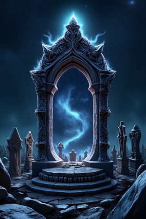 A massive tombstone forming a portal, revealing an 8K realistic fantasy depiction of outer space, stars, and galaxies within. The portal emits a supernatural glow, with cosmic elements swirling and creating an ethereal ambiance. The scene is framed with a wide shot, capturing the tombstone's intricate details and the vastness of the space beyond, under a dark, starry sky with a mystical, otherworldly light.