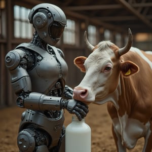 A cinematic, ultra-high-definition 8K image of a cyborg robot milking a dairy cow, with a container of fresh milk nearby. The robot's metallic body contrasts with the warm, earthy tones of the barn setting. The composition is dynamic, capturing the robot's precise movements and the cow's calm demeanor. The lighting is natural and soft, highlighting the detailed textures of the robot's surface, the cow's fur, and the milk container. The scene evokes a sense of advanced technology seamlessly integrated into traditional farming practices.