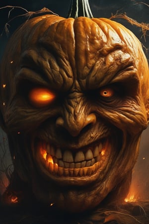 A close-up shot of a massive pumpkin, its ridged surface transformed into a menacing visage: an angry man's face, complete with furrowed brows, sunken cheeks, and a snarling mouth agape. The eyes, two glowing orbs, seem to pierce through the darkness, radiating an eerie intensity as they appear to burn with an inner fury.