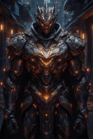 In a darkened alleyway, an armored neuronetic cybersoldier stands tall, its intricately crafted cyberpunk armor glinting in the faint neon glow. Ornate carvings on the armor resemble iron gears, while ornate robes flow like circuit boards down its mechanical body. Triangular heavenly light gear adorns its chest, pulsating softly. Real robot.