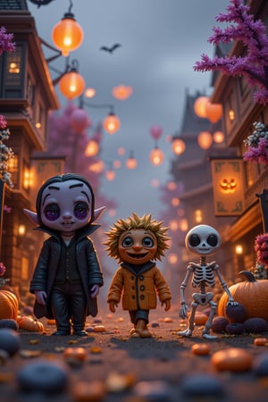 Vampire, scarecrow, and skeleton walking in a city where all buildings, trees, and vehicles are made of unique candy, 8K UHD image, ultra high detailed, close-up shot, focused on the characters and candy structures, natural lighting, dynamic composition, capturing the festive and spooky scene, immersive environment blending urban, supernatural, and culinary elements.