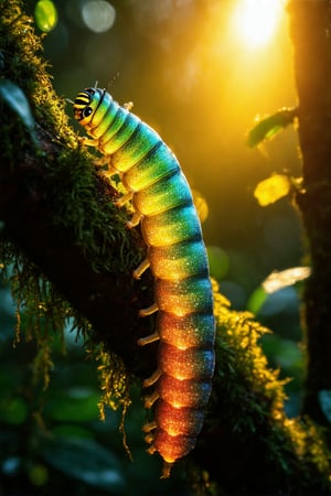 A whimsical close-up shot of a radiant rainbow-colored caterpillar perched delicately on a moss-covered branch. Backlit by a warm, golden light, the caterpillar's iridescent scales glow with an otherworldly intensity. Soft rim lighting wraps around its translucent body, highlighting its intricate details. The natural surroundings blend seamlessly into the cinematic lighting, evoking a sense of wonder and enchantment. Midjourney styles