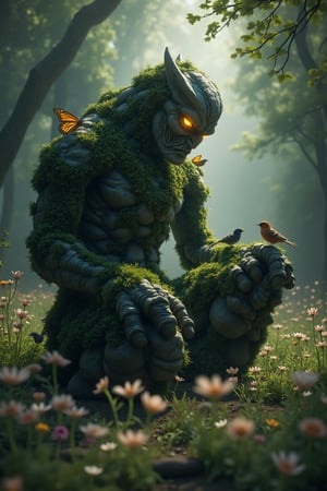 Terrifying yet kind-hearted stone golem, rough moss-covered texture, sits in meadow filled with muted flowers, fantasy realism style, body features randomly shaped jagged stones, fierce appearance, gently points at nearby butterfly, small birds perching on arms, drawn to protective presence, dramatic lighting breaking through dense mystical forests, illuminating golem guarding creatures around him, detailed composition, dynamic lighting, focused on golem's gentle interaction with nature, immersive environment blending natural and fantastical elements.