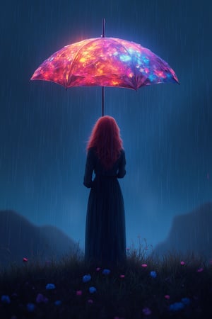 Surreal hand-drawn digital artwork, mysterious red-haired woman standing on grassy hill under rain, holding umbrella crafted from iridescent zircon, vibrant sheen contrasting with soft rainy atmosphere, dreamlike scene blending natural elements of hill and rain with otherworldly shimmer of umbrella, detailed composition, dynamic lighting, focused on woman's enigmatic pose, immersive environment combining natural and fantastical elements.