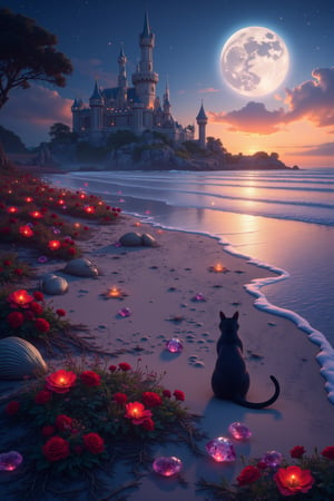 In this mesmerizing nighttime scene, a majestic castle's delicate silhouette rises from the beach, its turrets and towers bathed in the warm glow of sunset on the snow-white sand. Vibrant roses and large shiny shells intermingle with diamond crystals as white clouds drift lazily across the sky. In the distance, a full moon rises over a smoky horizon where wispy tendrils of fire dance in the darkness. Amidst this enchanting setting, a sleek black cat appears, its eyes piercing through a silver mask adorned with sparkling gemstones. Shot in ultra HD or 8K, this breathtaking photograph transports viewers to a realm of fantasy and wonder, inviting them to step into the captivating world within.