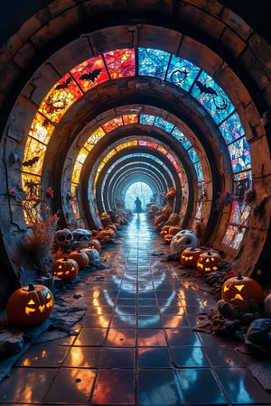 An endless tunnel with curved stained-glass walls displaying vibrant, multicolored patterns, reflecting an array of glowing hues onto the shiny tiled floor. The scene has an ethereal, futuristic ambiance, with warm blends of red, blue, yellow, and green. The tunnel's structure spirals inward, leading toward a bright, glowing exit in the distance, creating a mesmerizing, kaleidoscopic effect. A pumpkin, bat, and skeleton are subtly integrated into the intricate designs, adding a mystical touch to the futuristic setting.