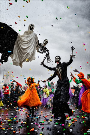 Vibrant colors of Halloween costumes pop against the gray rainy sky as costumed revelers dance and play amidst the sweet scent of raining candy. A ghostly figure, 'Phantom', floats above the crowd, a skeletal friend grasping its hand, while a bloodthirsty 'Vampire' lurks in the shadows. The festive atmosphere of the Halloween festival comes alive on this drizzly daytime, as happy-go-lucky celebrants twirl and spin amidst the sugary downpour.