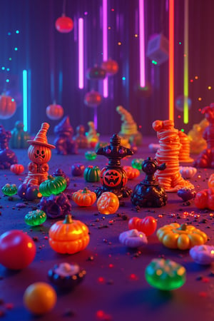 A vibrant 8K image of a room filled with colorful candies shaped like Halloween costumes, including witch, mummy, pumpkin, and vampire candies. The room is illuminated by a kaleidoscope of neon lights, enhancing the aesthetic. Each candy is intricately detailed, with unique shapes and vibrant colors. The composition highlights the playful and festive nature of the scene, capturing the essence of Halloween in a masterpiece-quality, realistic style.