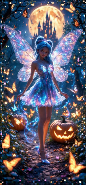 In a sweeping ((panorama)) night background, a stunning butterfly fairy stands amidst a transparent colorful butterfly pattern with swirling vortex diffusion trails. She wears a flowing, elegant dress that shimmers like the stars above. Her long blue hair flows like the night sky, and her luminous high heels sparkle like diamonds. The tie-dye pumpkin glows softly in the distance. The witch's castle rises majestically behind her, illuminated by a warm, golden light. The fairy's delicate features are rendered in exquisite detail, her eyes shining with an otherworldly beauty. A magnificent transparent colorful bow adorns her neck, radiating a soft, ethereal glow that seems to draw the viewer in. Everything is bathed in a romantic, dreamy light, as if the very fabric of reality has been infused with magic and wonder.