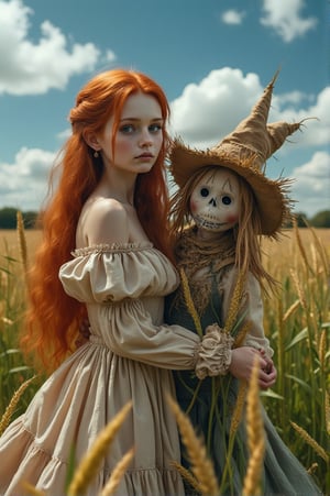 A delicate girl with long, fiery red locks stands tall in a lush wheat field, her pale dress a stark contrast to the vibrant blue sky and fluffy white clouds. Her sad, heart-shaped face is a canvas of despair as she gazes upon a haunting scarecrow embracing another young girl from behind. The straw-hatted, tattered-clothed monstrosity's vacant eye and mouth holes seem to draw in the surrounding light, casting an ominous aura. Every detail, from the girl's intricate dress to the scarecrow's decrepit attire, is rendered with precision, as if crafted by a master artist. In this 8K masterpiece, every strand of her luscious locks, every fold of her delicate skin, and every curve of her porcelain features are meticulously detailed. The overall effect is a captivating fusion of dark fantasy, horror, and whimsical wonder.