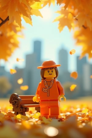 A warm autumn afternoon scene: a petite LEGO woman stands in front of a miniature cityscape, surrounded by a blanket of golden leaves gently falling from the sky. The woman's bright orange dress and matching hat harmonize with the vibrant foliage, while her hands grasp a small, intricately designed wooden bench. Framed against a soft blue sky, the scene is bathed in warm sunlight that highlights the texture of the LEGO bricks and the delicate curves of the leaves.