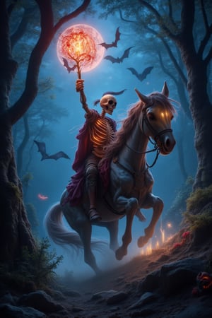 A midnight moon casts an eerie glow over a mystical forest, where a skeleton knight astride a ghostly horse rides forth. A bewitching Halloween ornament adorns the saddle, casting a spell of whimsy and wonder. The skeletal warrior's armor glows with an otherworldly sheen, as they gallop through the mist-shrouded trees, surrounded by fluttering bats and wispy cobwebs. Realistic, UHD 8K Image