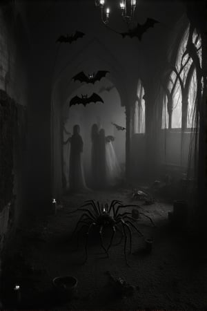 Inside a decrepit, eerie abode, shadows dance upon crumbling walls. Flickering candles cast an ominous glow, illuminating an assortment of unholy creatures: tarantulas scurry across dusty floors, centipedes writhe in dark recesses, and bats flutter through cobweb-draped archways. Phantom figures lurk just out of focus, their ethereal forms shrouded in mist. The air reeks of decay and malevolence, as if the very fabric of reality is unraveling within this forsaken sanctuary.