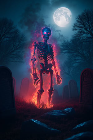 A realistic, fantasy art, ultra-high detailed 8K image of a graveyard with tombstones. A skeleton emerges, engulfed in red and blue flames, with creepy glowing eyes. The background features a night sky with a full moon and eerie trees. The scene captures the spooky atmosphere of the graveyard and the supernatural presence of the fiery skeleton.