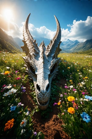 In a serene sunlit meadow filled with vibrant wildflowers, a massive dragon skull lies partially buried, its formidable horns stretching upward, adorned with climbing vines and blooming flowers that delicately curve around the ancient bone. The intricate details of the skull's structure remain striking, with large hollow eye sockets and sharp teeth glinting in the warm light. In the soft hills and distant mountains, a peaceful backdrop unfolds under a clear blue sky, where fluffy white clouds drift lazily across the horizon.