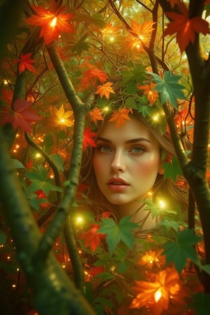 Whispering secrets beneath the vibrant canopy of entwined green, crimson, amber, and tangerine autumn leaves, Forrest's enchanting elf girl poses amidst nature's kaleidoscope, her ethereal features aglow with soft, warm lighting, as if infused by the golden hues of the surrounding foliage.,Enhanced all,crystalz, elf woman 