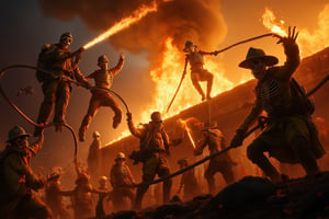 A dramatic scene unfolds as skeletons clad in firefighter attire frantically battle to extinguish a raging inferno engulfing a building. Framed against a darkening sky, the skeletal figures are silhouetted against the fiery backdrop, their eerie presence juxtaposed with the intense action unfolding before them. A burst of flames erupts from the rooftop, and the skeletons leap into action, their bony hands grasping firehoses as they valiantly strive to contain the blaze.