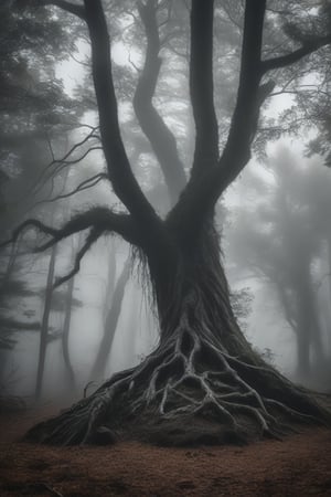 A dark and foreboding forest, where twisted tree trunks writhe like skeletal fingers. The air is heavy with misty veil, as if the very essence of the woods is alive. Amidst this eerie landscape, a weathered tombstone emerges from behind tangled bushes, its worn inscription shrouded in mystery.