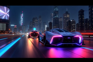 A low-angle shot of a dimly lit highway at night, with the cityscape's towering skyscrapers and holographic advertisements blurred in the background. A fleet of futuristic neon super cars speed by, their sleek bodies aglow with pulsing LED lights that cast an otherworldly glow on the pavement. Tires screech as they zoom down the highway, defying gravity and emitting a trail of fiery sparks. The composition is dynamic, emphasizing the speed and power of these high-tech vehicles as they slice through the darkness, reflecting the city's cyberpunk essence.