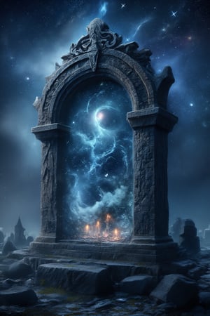 A massive tombstone forming a portal, revealing an 8K realistic fantasy depiction of outer space, stars, and galaxies within. The portal emits a supernatural glow, with cosmic elements swirling and creating an ethereal ambiance. The scene is framed with a wide shot, capturing the tombstone's intricate details and the vastness of the space beyond, under a dark, starry sky with a mystical, otherworldly light.