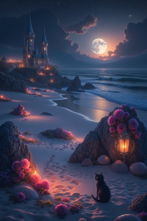 In this mesmerizing nighttime scene, a majestic castle's delicate silhouette rises from the beach, its turrets and towers bathed in the warm glow of sunset on the snow-white sand. Vibrant roses and large shiny shells intermingle with diamond crystals as white clouds drift lazily across the sky. In the distance, a full moon rises over a smoky horizon where wispy tendrils of fire dance in the darkness. Amidst this enchanting setting, a sleek black cat appears, its eyes piercing through a silver mask adorned with sparkling gemstones. Shot in ultra HD or 8K, this breathtaking photograph transports viewers to a realm of fantasy and wonder, inviting them to step into the captivating world within.