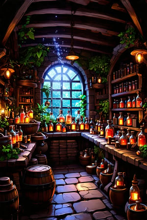 Realistic, Dwarves concoct medicine, potion bottles, inside the room filled with medicinal ingredients, plants, bookshelves, furnaces, sparkling, anime style, midjourney styles