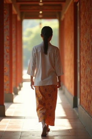 A serene daytime scene of a woman in a long-sleeved white blouse walking down a corridor with batik-patterned walls. The bright sunlight filters through, casting soft shadows and highlighting the intricate batik designs. The composition frames her in mid-step, with the vibrant walls and distant light adding depth. The 8K ultra-high detailed image captures the texture of the blouse and the detailed patterns on the walls.