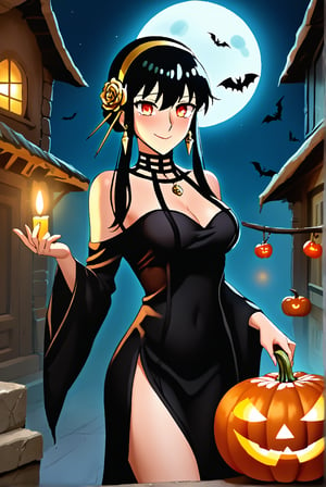 Yor Briar, a stunning anime girl, stands out at the Halloween party surrounded by eerie decorations. The dimly lit room is filled with cobweb-covered ornaments and jack-o-lanterns, setting an ominous tone. Yor's bright smile and sparkling eyes shine like a beacon amidst the spooky atmosphere, as she holds a delicate halloween-themed trinket in her hand. Score 9: A perfect blend of whimsy and horror.