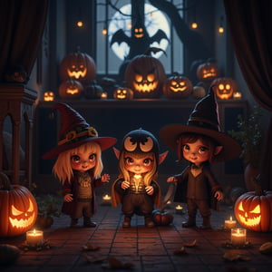 Fantasy art, three chibi cute young children wearing Halloween costumes: a cute Venom, a cute scarecrow, and a cute vampire. The interior is dark, illuminated by pumpkin candles, creating a creepy atmosphere. The image is 8K UHD, featuring chibi characters with a melancholic vibe.