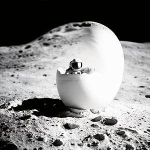 a tiny astronaut hatching from an egg on the moon