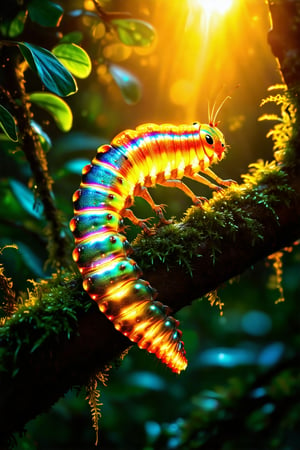 Realistic, A whimsical close-up shot on a moss-covered branch, warm golden light illuminates a radiant rainbow-colored caterpillar perched delicately. Iridescent scales glow with otherworldly intensity, soft rim lighting highlights intricate details on translucent body. Natural surroundings blend seamlessly into cinematic lighting, evoking wonder and enchantment in this Midjourney style image.