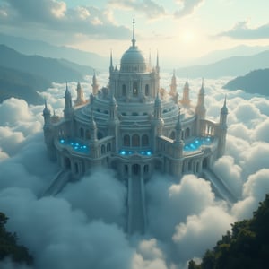 A cinematic, ultra-high-definition 8K shot of a futuristic, majestic palace perched atop thick clouds in a wilderness setting. The palace's intricate architecture glistens under the soft, ethereal light, with beams of sunlight breaking through the clouds. The composition is grand, capturing the palace's grandeur against the expansive sky. The wilderness backdrop features distant mountains and dense forests, adding to the scene's beauty and scale. The lighting is naturalistic, enhancing the palace's splendor and the surrounding nature's serenity.