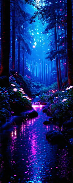 (8k analog photo,faerie landscape:1.2), a (faerie strange:1.1) forest at night with (glowing:1.1) flowers,river,vibrant colors