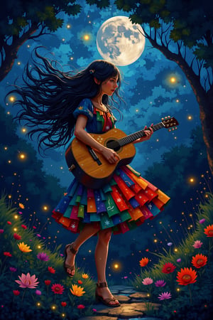 8K image, vibrant cubist masterpiece of a girl with long, flowing hair playing a mystical guitar under moonlight in a magical nighttime garden. The scene features glowing flowers, twinkling fireflies, and a whimsical, surreal atmosphere. Fragmented, geometric style with dynamic composition and soft, enchanting lighting.