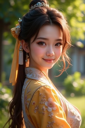 Portrait realistic woman ((masterpiece, best quality)), high resolution, ultra detailed, 8k, 16k, detailed background, perfect lighting, look_at_viewer, full body shot, wearing Sushang HSR costume, brown eyes, brown hair, twintail, hair ornament, smile, outdoors, natural sunlight, lush green surroundings, soft shadows, intricate details, dynamic composition.