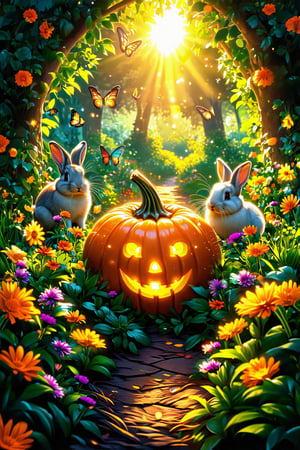 Realistic fantasy, A whimsical Halloween scene unfolds on a picturesque flower garden at midday. A vibrant pumpkin sits atop a bed of lush foliage, surrounded by fluttering butterflies and playful rabbits. The warm sunlight casts a golden glow, illuminating the charming atmosphere as the creatures frolic amidst the colorful blooms. Midjourney style, anime styles