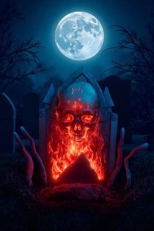 A realistic, ultra-high detailed 8K image of a creepy cemetery at night with a full moon in the background. A tombstone cracks open, revealing a skeleton emerging, engulfed in red and blue flames. The skeleton's eyes glow eerily, surrounded by ominous trees. The scene is illuminated by the moonlight, capturing every intricate detail of the fiery skeleton and the eerie atmosphere.