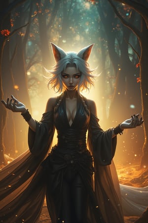 Cinematic masterpiece, whimsical wonderland bathed in warm golden lighting. Resplendent nine-tailed fox Japanese woman with snow-white hair, poised seductively. Form-fitting black kimono accentuating her alluring figure. Manipulating dark lightning magics, eyes gleaming with otherworldly intensity. Amidst swirl of mystical energy.