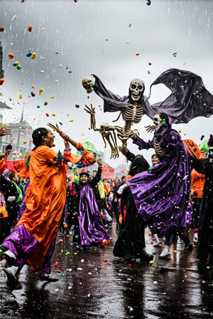 Vibrant colors of Halloween costumes pop against the gray rainy sky as costumed revelers dance and play amidst the sweet scent of raining candy. A ghostly figure, 'Phantom', floats above the crowd, a skeletal friend grasping its hand, while a bloodthirsty 'Vampire' lurks in the shadows. The festive atmosphere of the Halloween festival comes alive on this drizzly daytime, as happy-go-lucky celebrants twirl and spin amidst the sugary downpour.