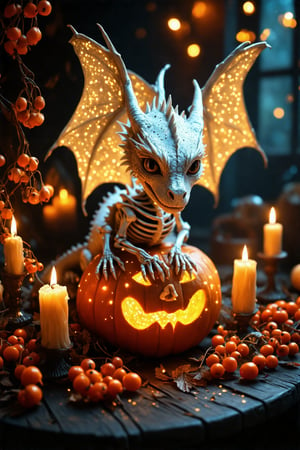 In a dimly lit, autumnal setting with a candle and physalis on a table, a white dragon baby creature sits atop a pumpkin, surrounded by rowanberries. The eerie skeleton's face glows with an otherworldly light, its eyes shining like golden sparks. Butterfly wings and transparent body glisten in the intricate lighting. Close-up, the dragon's detailed, complex features are set against soft pastel colors, with hyper-realistic textures on its scales. In a dynamic pose, the creature's expressive face captures our attention, as if illuminated from within by an ethereal light. Macro shots reveal thousands of luminous dots creating a mesmerizing display of movement and texture, evoking a sense of mysticism and wonder.