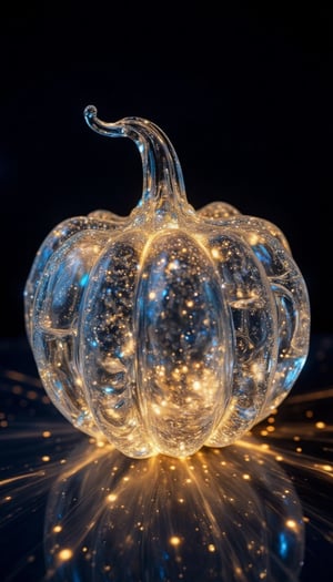 A sparkling glass pumpkin halloween, radiant in elegance and opulence, glows with an asthetic mastery. Framed against a dark background, the transparent vessel's intricate details refract light, casting a mesmerizing glow. The sparkling texture seems to dance across its surface, as if infused with an inner light, creating a masterpiece of delicate beauty.