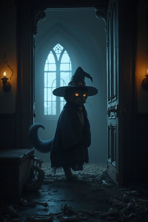 A 8K fantasy, anime realistic painting of a black cat wearing a witch costume, exploring an interior room of a haunted house. The room is filled with eerie, spooky atmosphere, featuring human bones scattered around, creating a terrifying ambiance. The cat's witch costume includes a pointed hat and a flowing cape, adding to the mysterious vibe. The scene is framed with a wide-angle shot, capturing the dark and ominous interior. The lighting is dim and shadowy, with occasional bursts of light from hidden sources, enhancing the sense of fear and suspense.