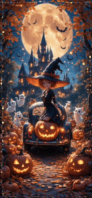 
8K, high quality, masterpiece, In this Halloween-themed painting, the protagonist is Nami from One Piece, who is transformed into a cute witch, standing in a fantasy night scene. She wears a chic black wizard hat on her head, with stars and small pumpkins on the brim, and the breeze gently blows, looking playful and charming. In the background, a bright full moon hangs high in the deep blue sky, and the moonlight shines on a magnificent castle. The windows of the castle emit warm golden light, as if calling for adventure at night. The castle is surrounded by dense trees, and the shadows of the trees sway in the moonlight, adding a touch of mystery. Beside Nami, several pumpkins shining with warm light are carefully carved into various cute ghost faces, emitting orange light, and scattered fallen leaves form a colorful path at her feet, showing the rich colors of autumn. In addition, a gorgeously decorated trick-or-treating car was parked next to Nami, piled with colorful candies and Halloween decorations, and twinkling strings of lights were wrapped around the wheels, as if inviting friends to celebrate together. Around the car, several naughty kittens were playing, adding a bit of vividness. The colors in the picture are rich and colorful, with warm orange, deep blue and lively purple interweaving to create a mysterious and cheerful Halloween night. This painting not only shows the traditional elements of Halloween, but also reflects the desire of young women for freedom and adventure, making people feel the joy and fantasy of the festival.