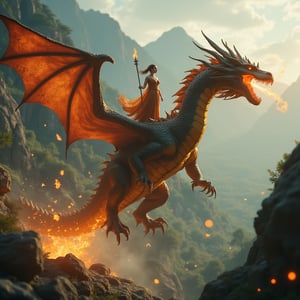 A cinematic shot of a futuristic dragon soaring through a wilderness landscape, with a princess woman standing on its back, her robes flowing in the wind. The dragon's scales glisten with fiery hues, casting a warm glow over the rugged terrain. The woman holds a staff, summoning bursts of fire around her. The composition is dramatic, with the dragon's majestic form framed against a backdrop of towering mountains and dense forests. The lighting is dynamic, highlighting the interplay of fire and shadow.