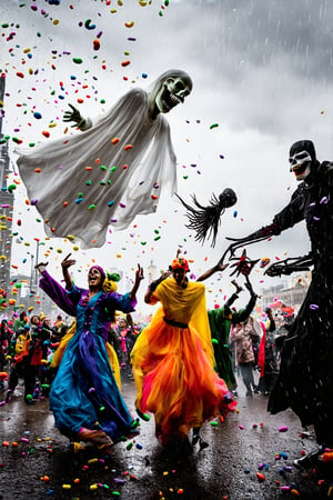 Vibrant colors of Halloween costumes pop against the gray rainy sky as costumed revelers dance and play amidst the sweet scent of raining candy. A ghostly figure, 'Phantom', floats above the crowd, a skeletal friend grasping its hand, while a bloodthirsty 'Vampire' lurks in the shadows. The festive atmosphere of the Halloween festival comes alive on this drizzly daytime, as happy-go-lucky celebrants twirl and spin amidst the sugary downpour.