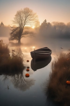 Capture the eerie atmosphere of a misty lake at dawn, where the fog wraps around the silhouette of a weathered wooden boat, its hull cracked open like a split skull. In the center of the frame, a vibrant orange pumpkin rises from the water's surface, as if beckoning something from beyond the veil. Softly lit by the pale morning sun, the scene exudes an air of foreboding and mystery.